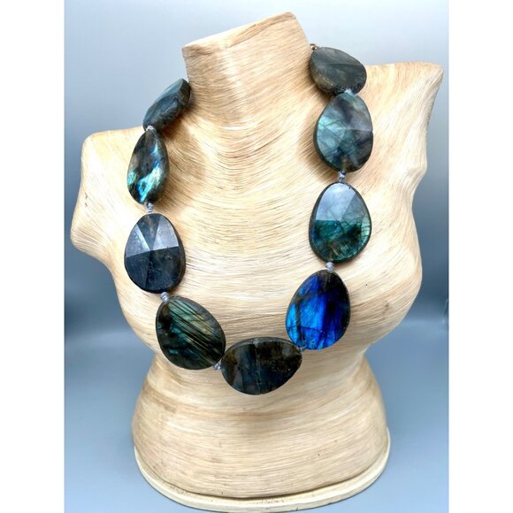 Madagascar Jewelry - Labradorite Statement Necklace Polished Faceted Madagascar 17-21" Crystals